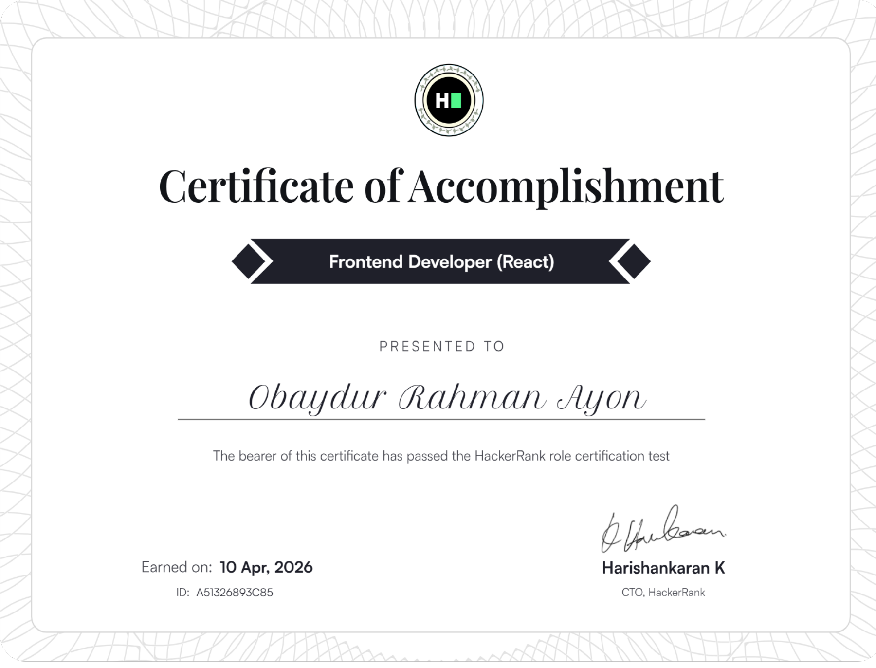 HackerRank frontend developer React certificate